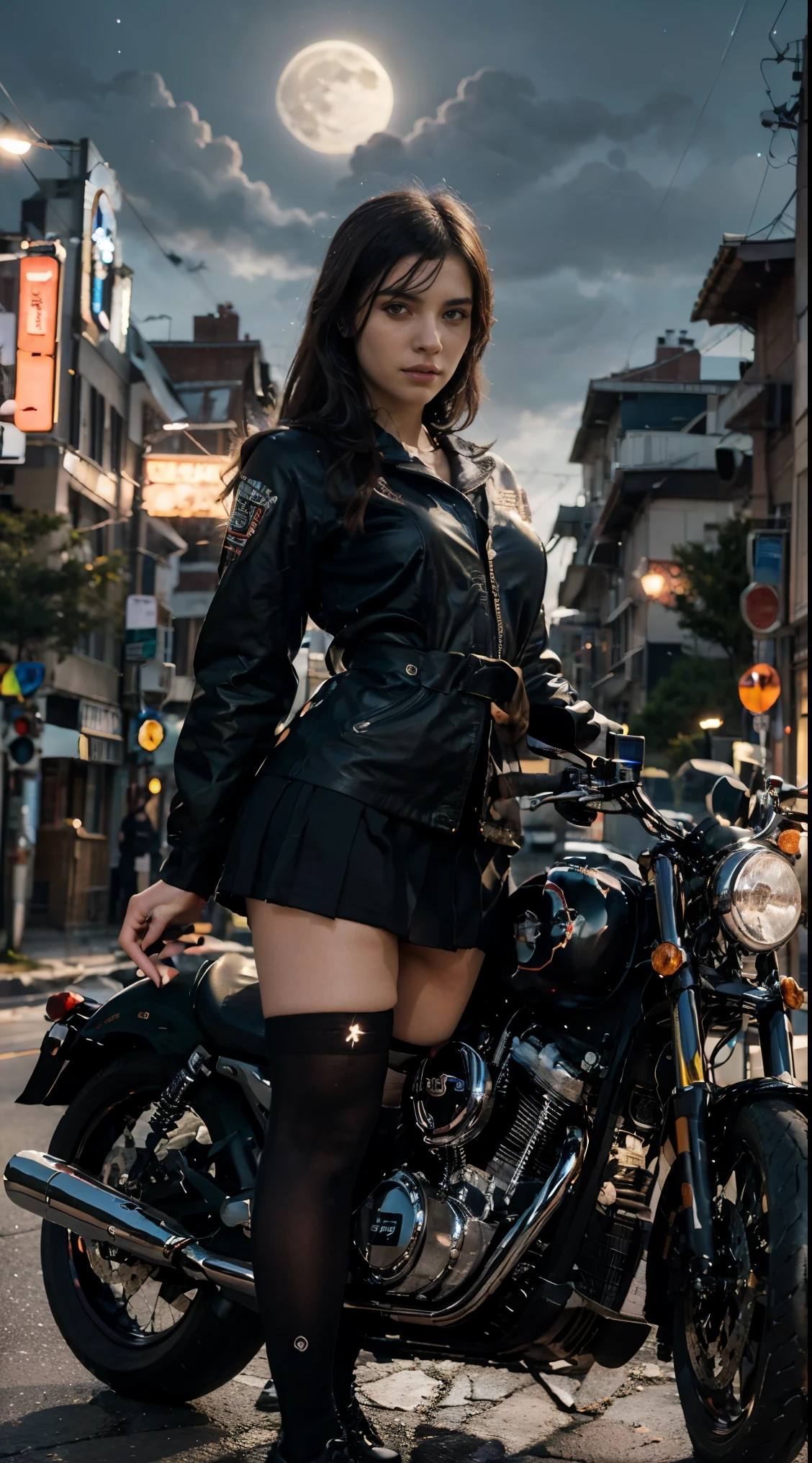 26-years-old Waifu  posando na frente de uma motocicleta futurista, the motorcycle has skulls and blue flames highly detailed 3D graphics, night scenery with full moon in the background, she is wearing a   Uniform with 3D skulls and flames and Sailor Miniskirt, Pantyhose, HDR, epic realism, high-octane rendering, obra de arte,