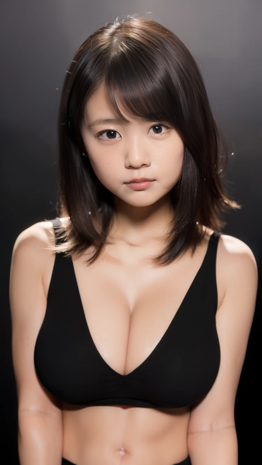 (A photo of your face:1.25), 6 years old, (cute:1.5), (Baby Face:1.5), (Round face:1.8), One Japanese woman, beautiful girl, Pretty face, (Straight Short Hair)、(Big Breasts:1.5), (View your audience), (Standing facing the camera), (smile), (Tank top)、(Black background:1.8)、Mouth closed