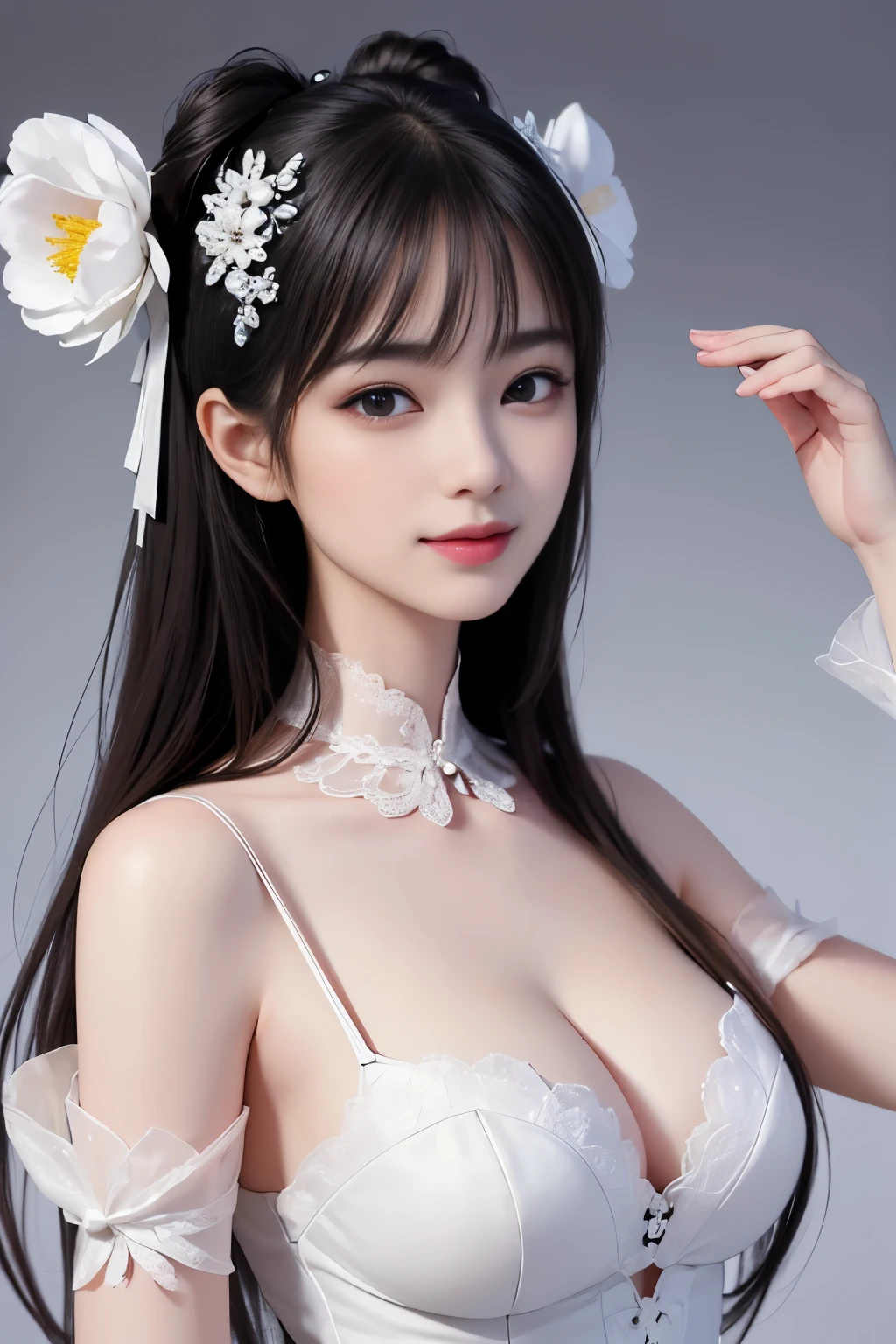 best quality、tmasterpiece、ultra high resolution、actual、1 girl、Glossy skin、((Surreal detailed))、Global photo、8K、Highly complex details、shinning eyes、Black straight hair、highkey、pureerosfaceace_v1、A smile、Elegant pose、plump breasts、White ultra-thin transparent lace、Lots of flowers in the background