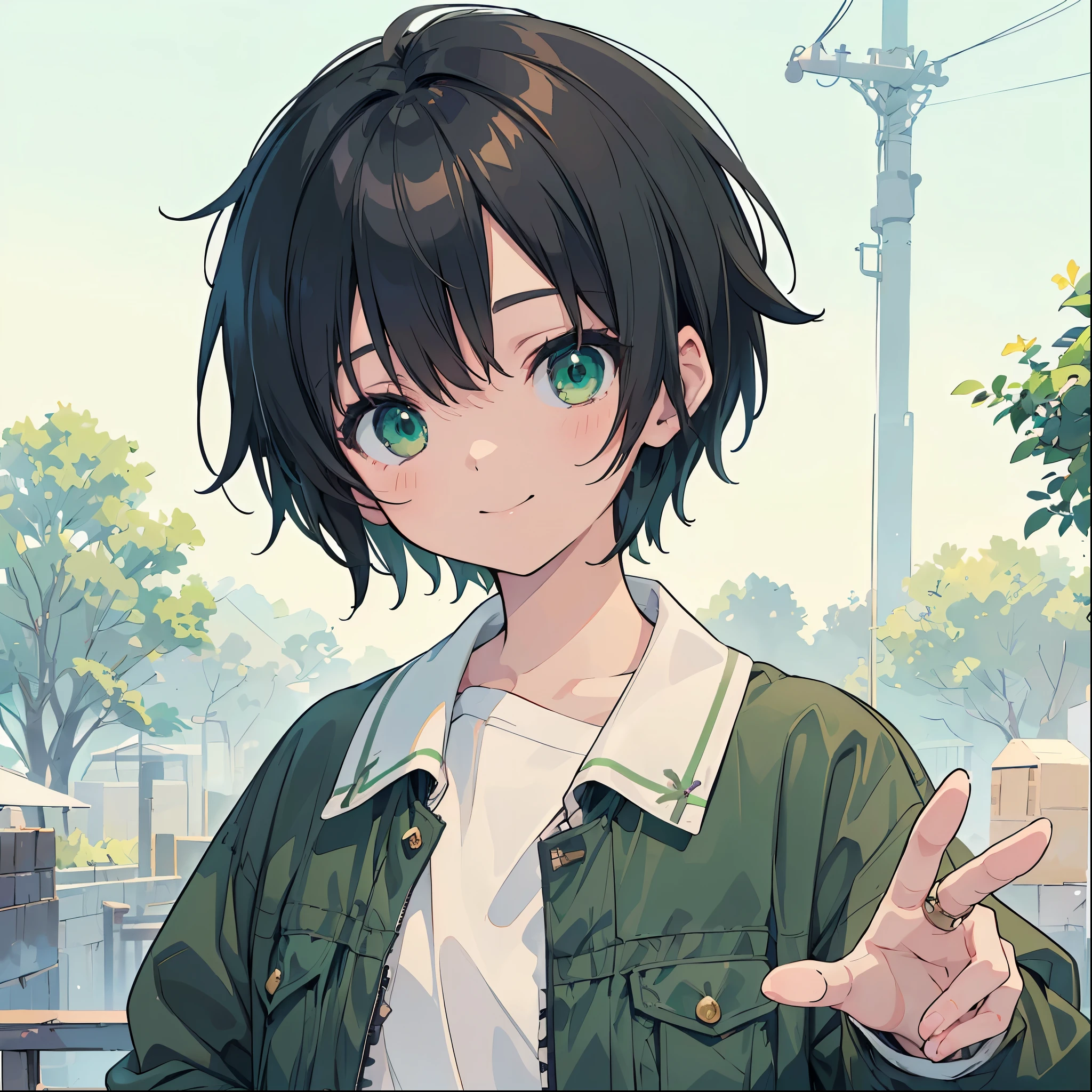 (masterpiece:1.2), (Highest quality:1.2),((smiling anime girl)), (Lolita,boyish, :1.3),((独奏:1.3)), , Androgynous charm, (Very short hair), ((Black Hair)), Messy Hair, Green Eyes, High resolution detailed hair, Accurate Fingers,  ((Light green jacket:1.4)),(White shirt:1.4), Gweiz-style artwork, Makoto Shinkai&#39;s art style, lofi portrait, Digital anime art, Makoto Shinkai style, LOFI Girl, Anime-style illustrations, lofi art style, Anime illustration