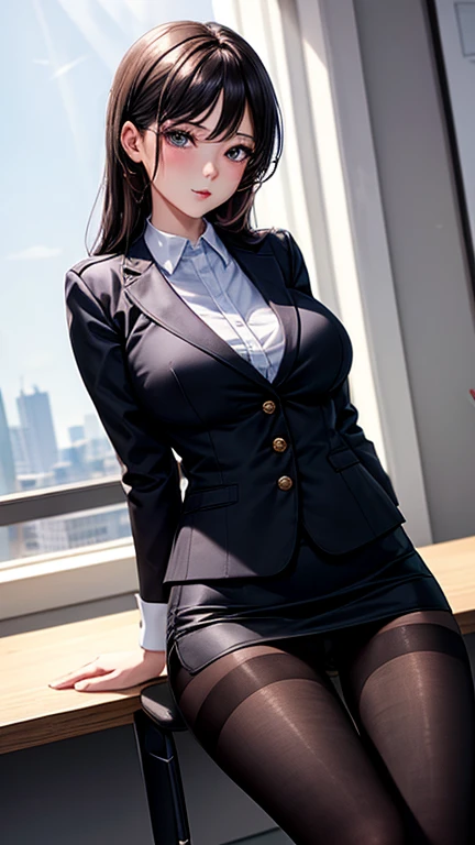 high quality,best quality,masterpiece(((office girl 1.3))),detailed eyes,23years old,(wearing thin black tights 1.1),large breasts,