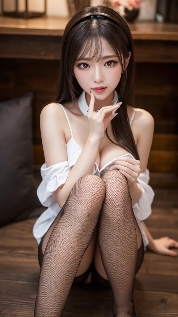(Highest quality, 8k, masterpiece: 1.3),double eyelid Highly detailed face and skin Big Breasts crawling position on their hands and knees, Fishnet bodystocking