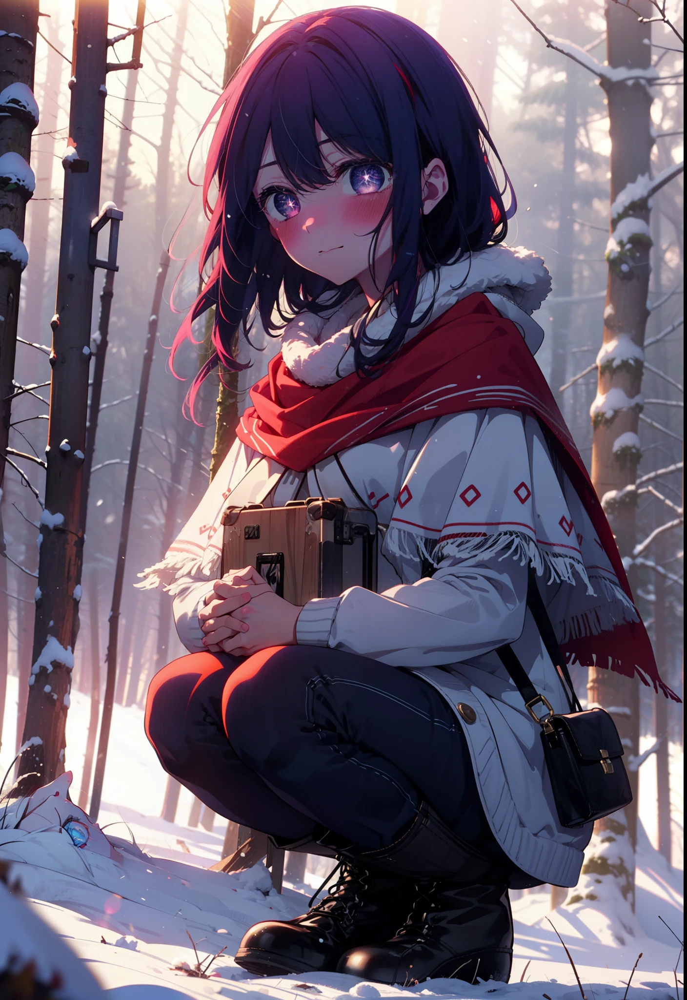 aihoshino, Ai Hoshino, Long Hair, bangs, (Purple eyes:1.1), Purple Hair, (Symbol-shaped pupil:1.5), smile,,smile,blush,white breath,
Open your mouth,snow,Ground bonfire, Outdoor, boots, snowing, From the side, wood, suitcase, Cape, Blurred, , forest, White handbag, nature, Squat, Mouth closed, Cape, winter, Written boundary depth, Black shoes, red Cape break looking at viewer, Upper Body, whole body, break Outdoor, forest, nature, break (masterpiece:1.2), Highest quality, High resolution, unity 8k wallpaper, (shape:0.8), (Beautiful and beautiful eyes:1.6), Highly detailed face, Perfect lighting, Extremely detailed CG, (Perfect hands, Perfect Anatomy),