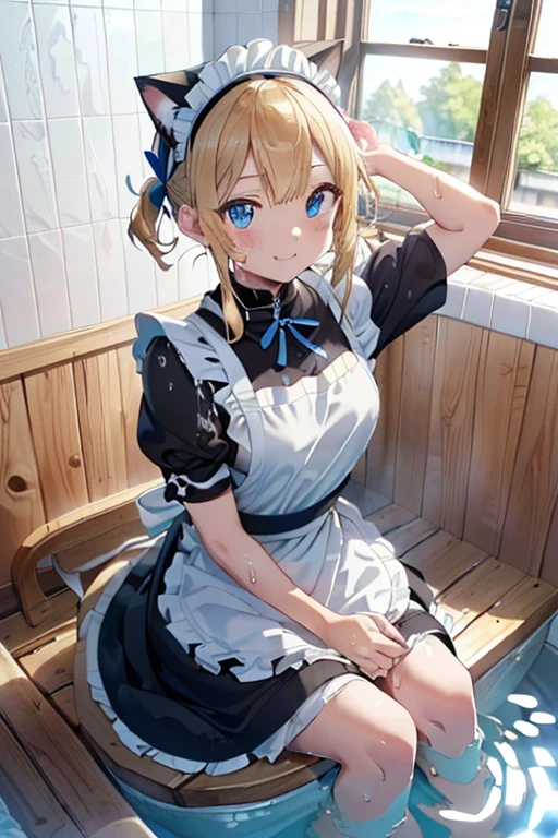 (Ultra high quality:1.6), (Highest quality:1.4), (Attention to detail:1.4), (Ultra-high resolution:1.6), (Detailed face:1.4), (Perfect Face:1,4), (Beautiful Eyes:1,6), (Detailed eyes:1.4), (Maid clothes, White apron, Headband, Black Dress, Blue ribbon, Maid clothes, Classic, Long:1.4), (白と黒のMaid clothes:1.6), (Blonde, Blue Eyes, Cat ear:1.4), cute, The best smile, Soaking wet, (全身にWater Drop:1.4), (Swimming in clothes, bathing, bath, Bathroom, Wooden bathtub:1.4), (relax, looks comfortable, Sit back, Sit back and relax:1.6),
(Water Drop:1.4), (Entering the bathtub with clothes on, Submersion:1.6), (つま先から胸までSubmersion:1.6), (Plenty of hot water, Submersion, Open your arms and relax:1,4), Submersion