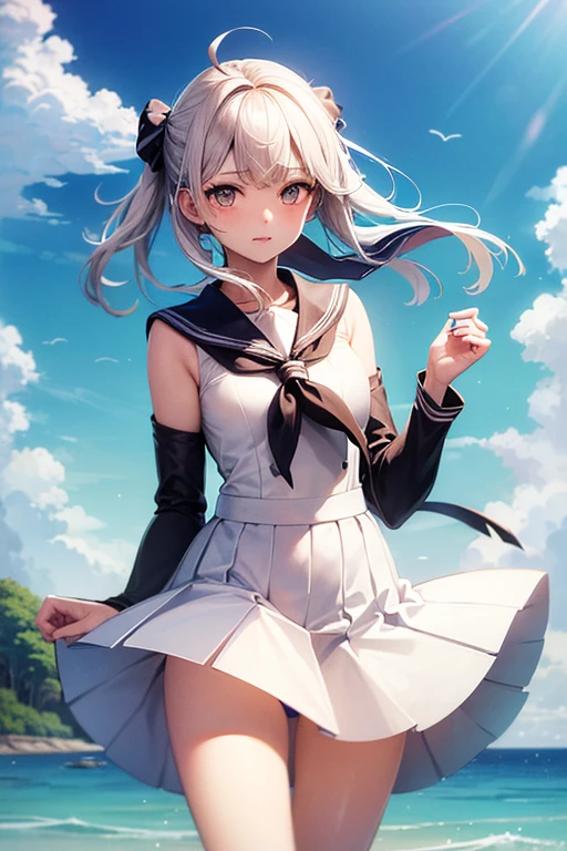 (master_piece, high_quality, beautiful, super delicate, absurdres:1.2), 1girl, mature, 16 years old, beautiful face, ahoge, hair fluttering in the wind, white hair, blue eye, (sailor long dresssuit, long skirt, The wind is blowing, Skirt flipped up, I can see your underwear, skirt that flipped in the wind, skirt billowing, I can see your underwear, wind lift:1.2), port, (clear water, gemstone sea:1.2), Ship in the distance, The trails that planes make, blue sky, Sunshine, street in the distance,