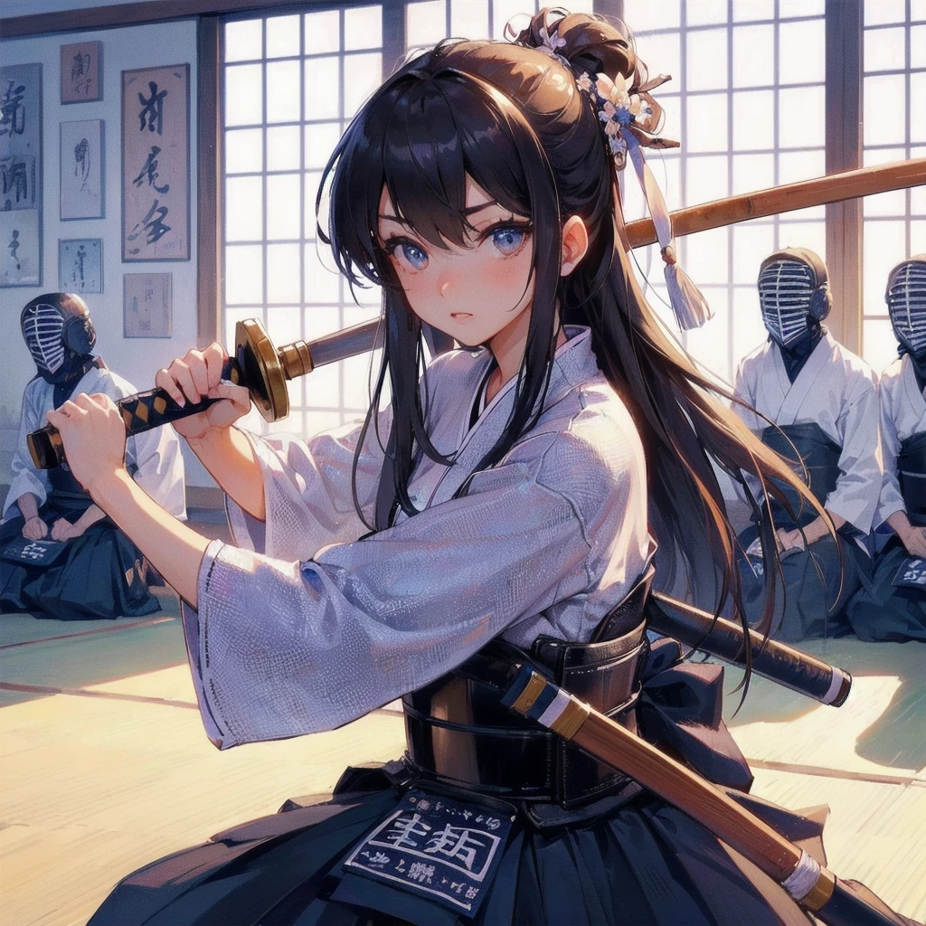 masterpiece, (textured skin), best quality, gorgeous beautiful girl, (a female kendo athlete), detailed clothes,large breasts,narrow waist,, (beautiful face), cinematic lighting, (at kendo venue ),