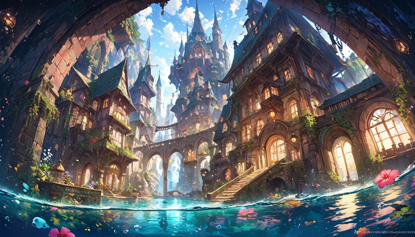 color (fantasy: 1.2), (Miyazaki style), (Irregular buildings floating on the sea), Patchwork cottage, Floral Decoration, Light, Concept art inspired by Andreas Rocha, Artstation Contest Winners, fantasy art, (Underwater city), Ross Chen, Light shaft, Realistic lighting, masterpiece, high quality, Beautiful graphics, Attention to detail, masterpiece, high quality, Beautiful graphics, Attention to detail,