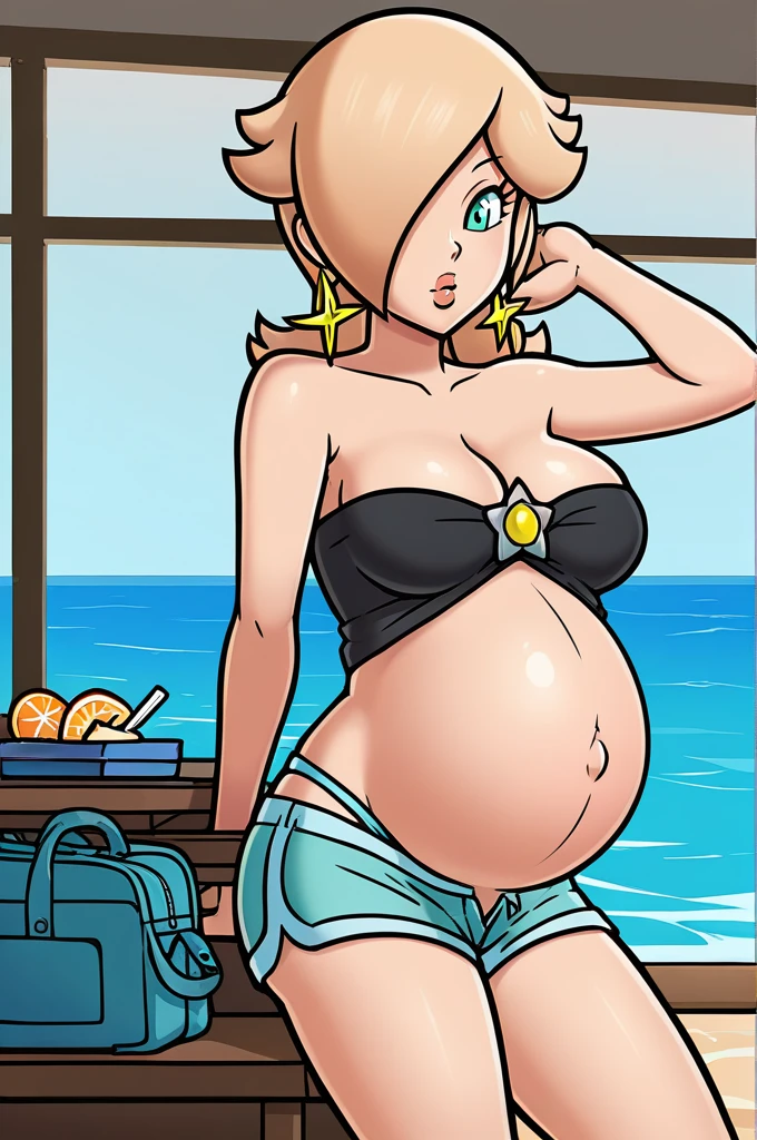 score_9, score_8_up, 1girl, solo, rosalina, style parody, thick outlines, black bikini, shorts, pregnant belly, sleeveless, strapless, cleavage, indoors, beach, 