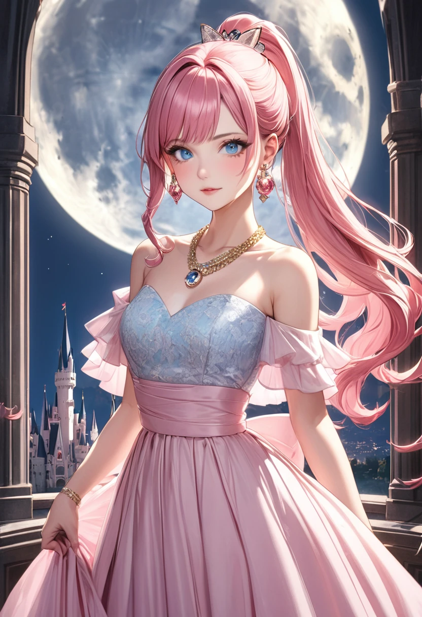 1 female Pink hair ponytail Pink eyebrows Dull light blue eyes Socialite debut Long dress Castle and full moon hair ornaments Earrings and matching necklace