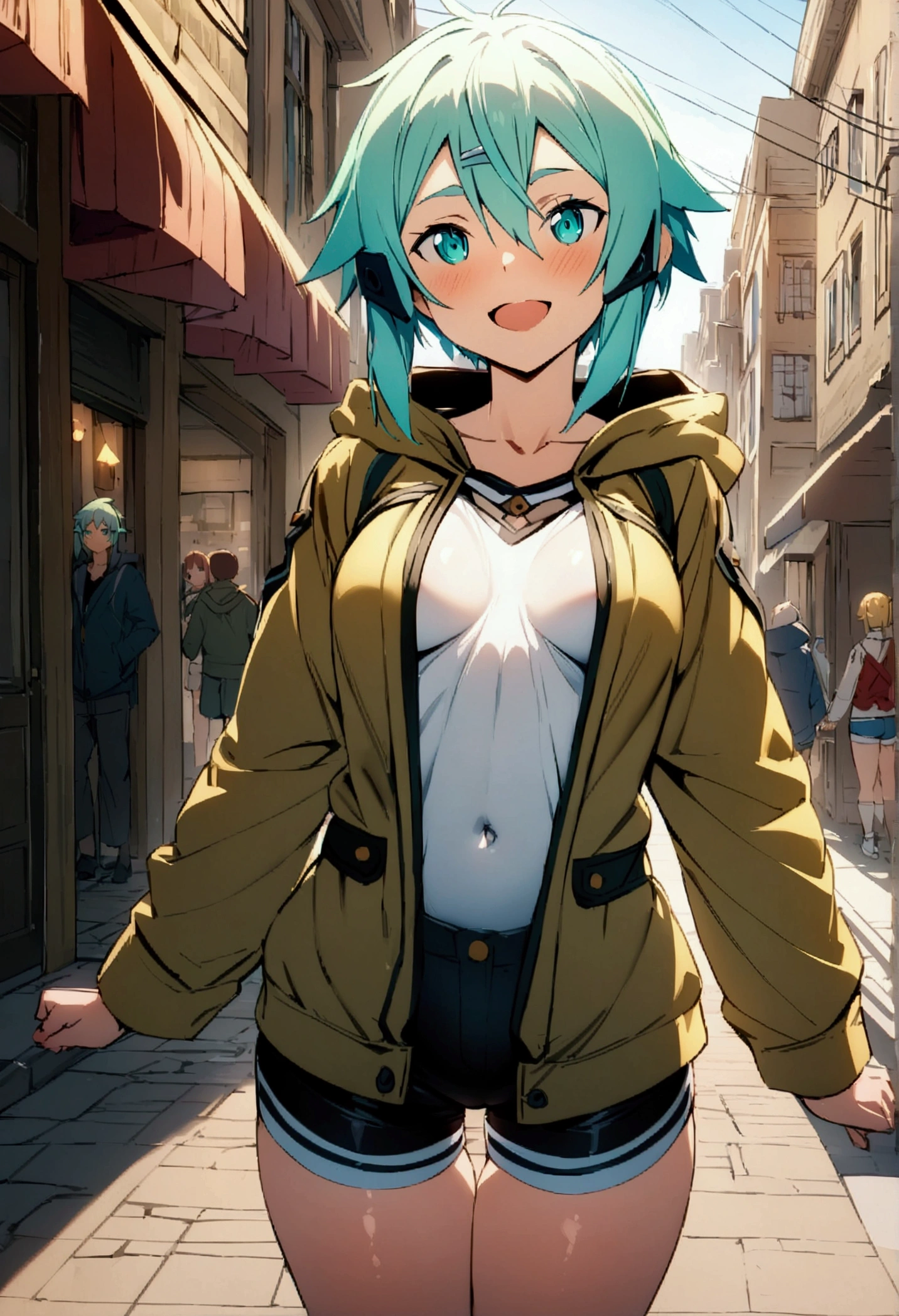 NSFW,masterpiece,Highest quality,High resolution,Very detailed,Sinon\(Sword Art Online\),Hooded parka,Open front clothing,Shorts,Happy face,bustling street