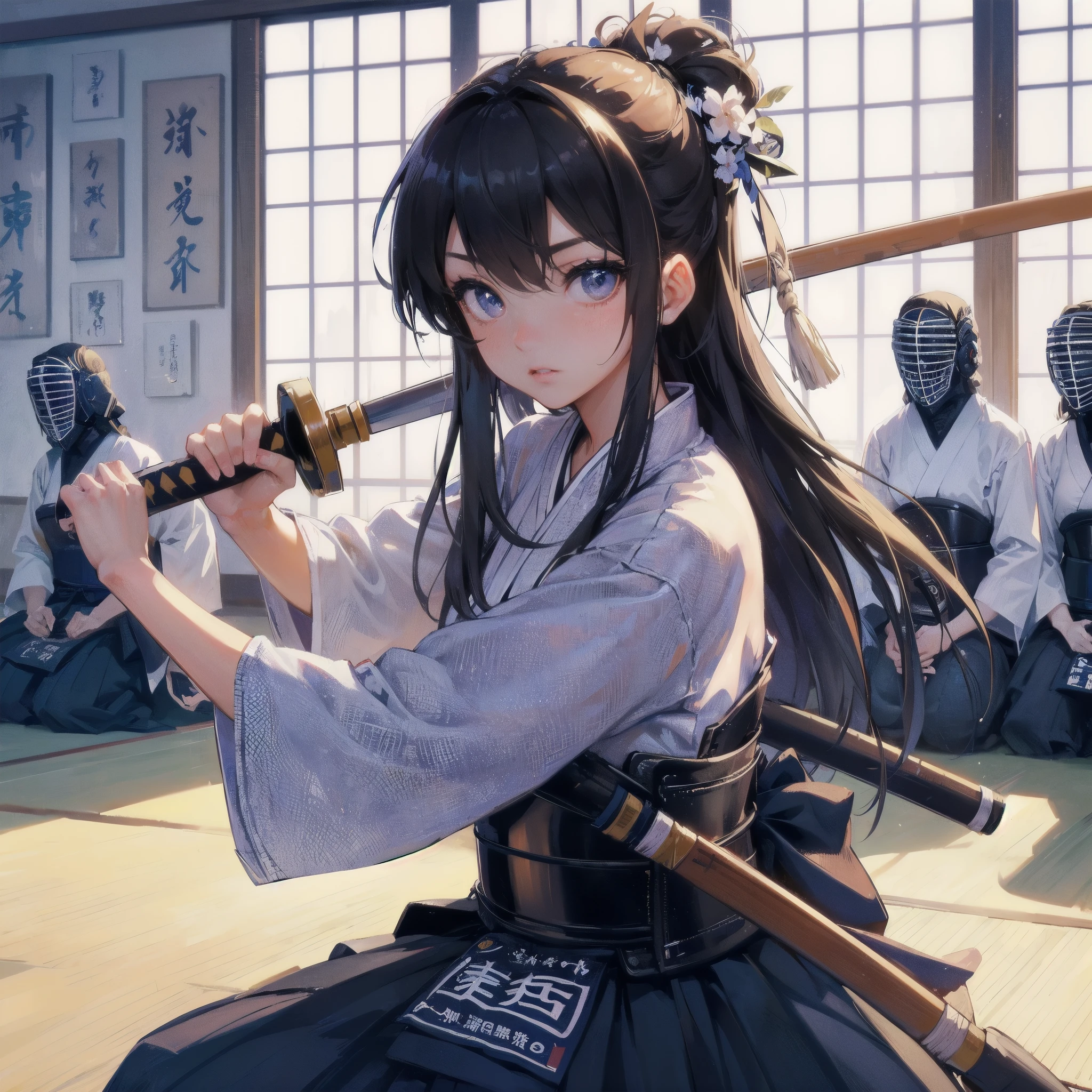 masterpiece, (textured skin), best quality, gorgeous beautiful girl, (a female kendo athlete), detailed clothes,large breasts,narrow waist,, (beautiful face), cinematic lighting, (at kendo venue ),