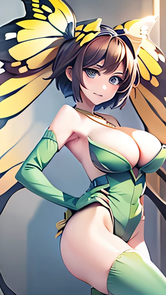 ((masterpiece,best quality,ultra-delicate,Perfect Face,16k,high resolution,very beautiful lady)),yellow butterfly wings on the head,brown medium short hair,black glossy oval hair ornaments:1.2,green leotard,green long boots ,green long arm gloves, large breasts,gold necklace,full body shot
