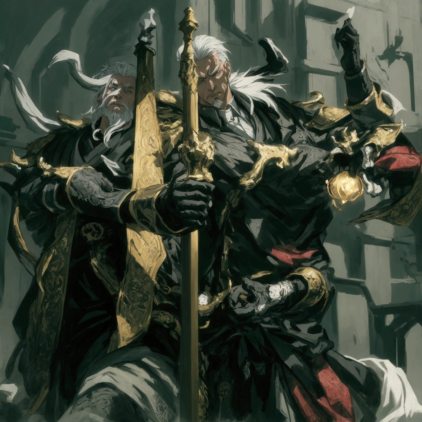 make this character into anime art style, man face, white hair, change background