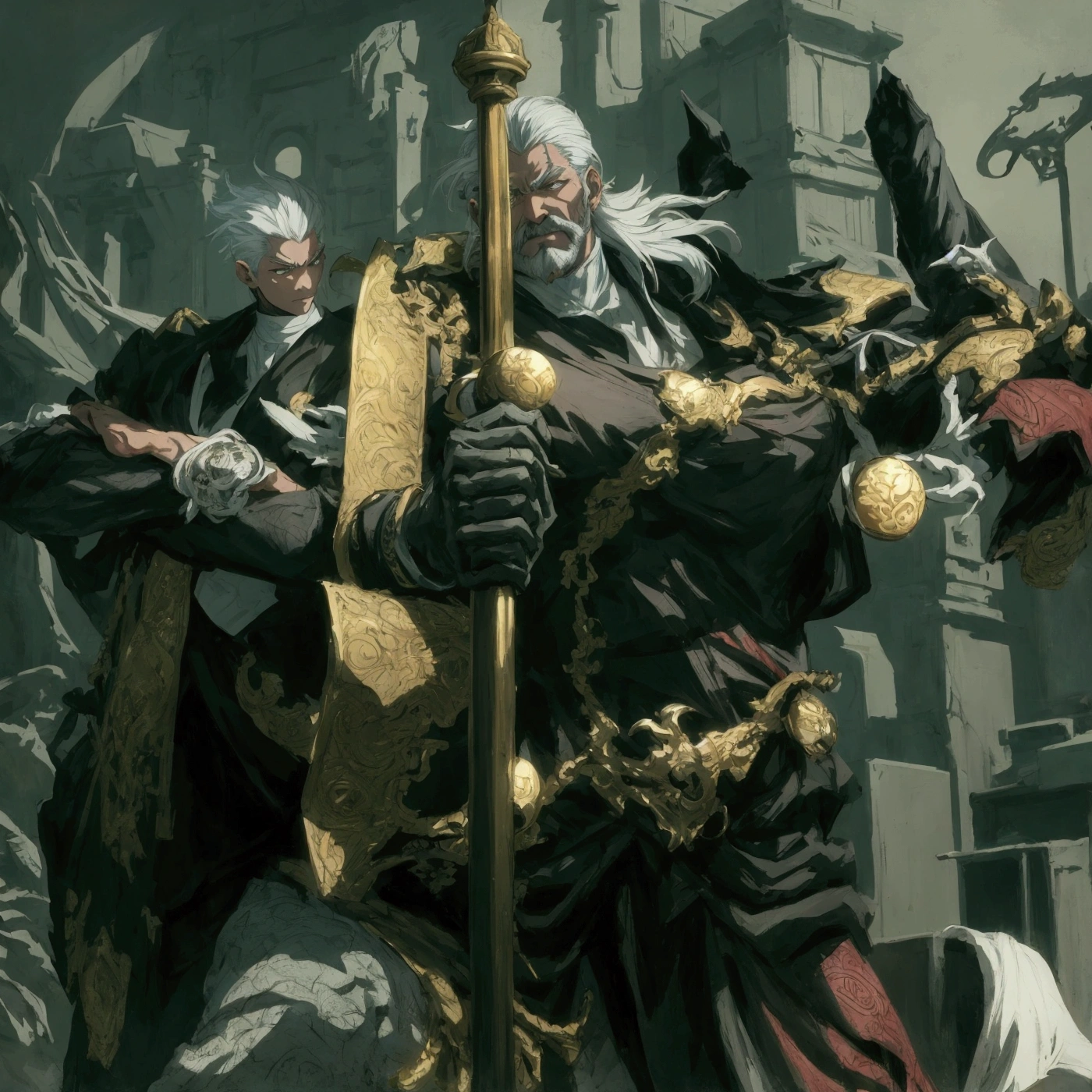 make this character into anime art style, man face, white hair, change background