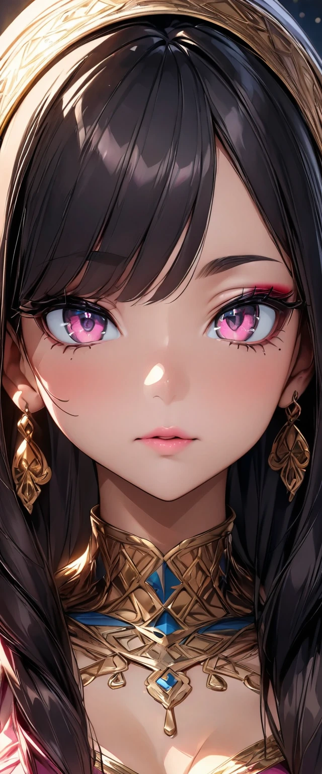 (Perfect Anatomy)、Mastepiece、Ultra High Quality、 8k、masterpiece、Highest quality、Ultra-high resolution、Maximum resolution、Very detailed、Professional Lighting、anime、woman、thin、Very beautiful face、Very beautiful eyes、(Highly detailed eye)、Highly detailed face, Golden earrings、Black Hair,、Pink eyes, Braiding、Straight bangs, contouring, makeup, eyeliner, eye shadow, pink cheek, pink lips, full body, standing, arabian clothes,