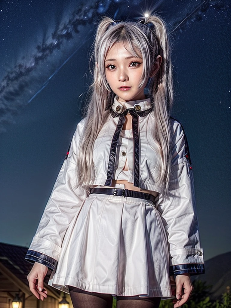 One girl,alone,Fairy,Gray Hair, Grey Hair, Earrings, Pointed Ears, Long Hair, ponytail, Green Eyes, Twin tails, Parted bangs, Thick eyebrows,
Capelet with collar, White capelet, Striped shirt, Long sleeve,Striped, White Skirt,
pantyhose,
Night Sky, performer, Milky Way, milky way,
 