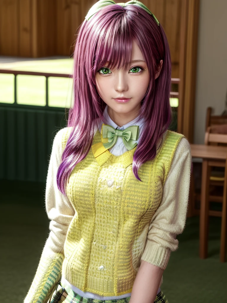 Momodebilke, Deviluke Type, demon tail, Hair Flower, hair ornaments, (Purple eyes:1.1), Pink Hair, short hair, tail, smile,
break demon tail, green skirt, Plaid, Plaid skirt, Sainan High , , skirt, Sweater vest, Knee socks, (Yellow Sweater:1.5), Short sleeve, bow, (green bow:1.5),
break indoors, classroom,
break looking at viewer, (Cowboy Shot:1.5),
break (masterpiece:1.2), Highest quality, High resolution, unity 8k wallpaper, (figure:0.8), (beautiful detailed eyes:1.6), extremely detailed face, Perfect lighting, extremely detailed CG, (Perfect hands, Perfect Anatomy),