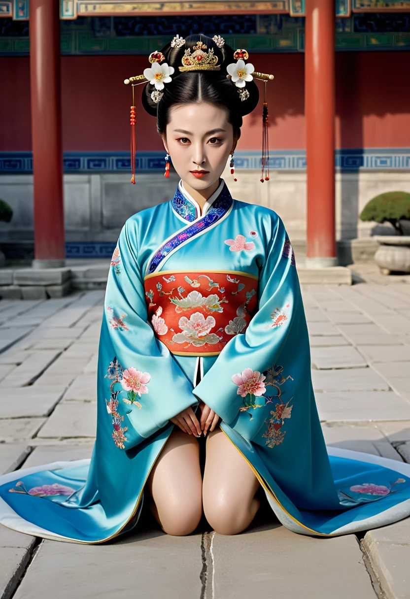 A naked picture of the empress of the Qing dynasty in China, standing in front of the camera, showing her large breasts, hairy abdomen, and pubic hair.、
Her hair is tied up and pulled up with a gorgeous flower ornament on both sides.、Chinese style Qing Dynasty empress crown background on stone pavement outside the Chinese palace of the Qing Dynasty