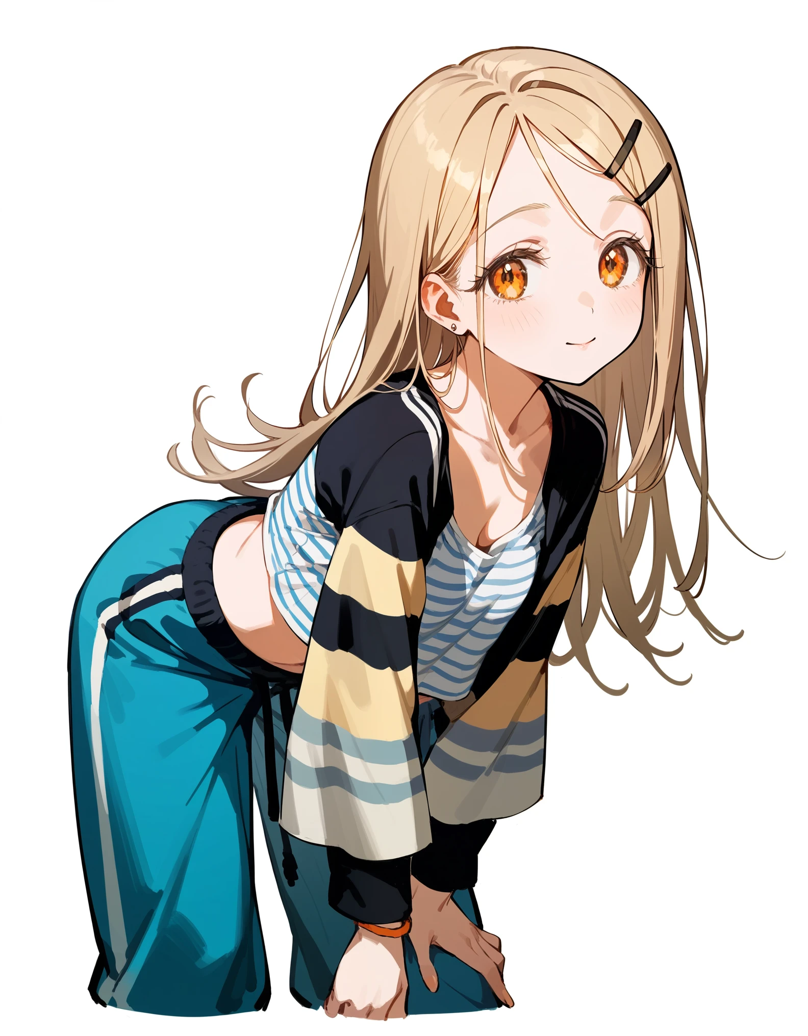 shinosawa hiro,slender,orange eyes,blonde hair,long hair,hairclip,white background BREAK leaning forward,striped shirt,cropped jacket,baggy pants