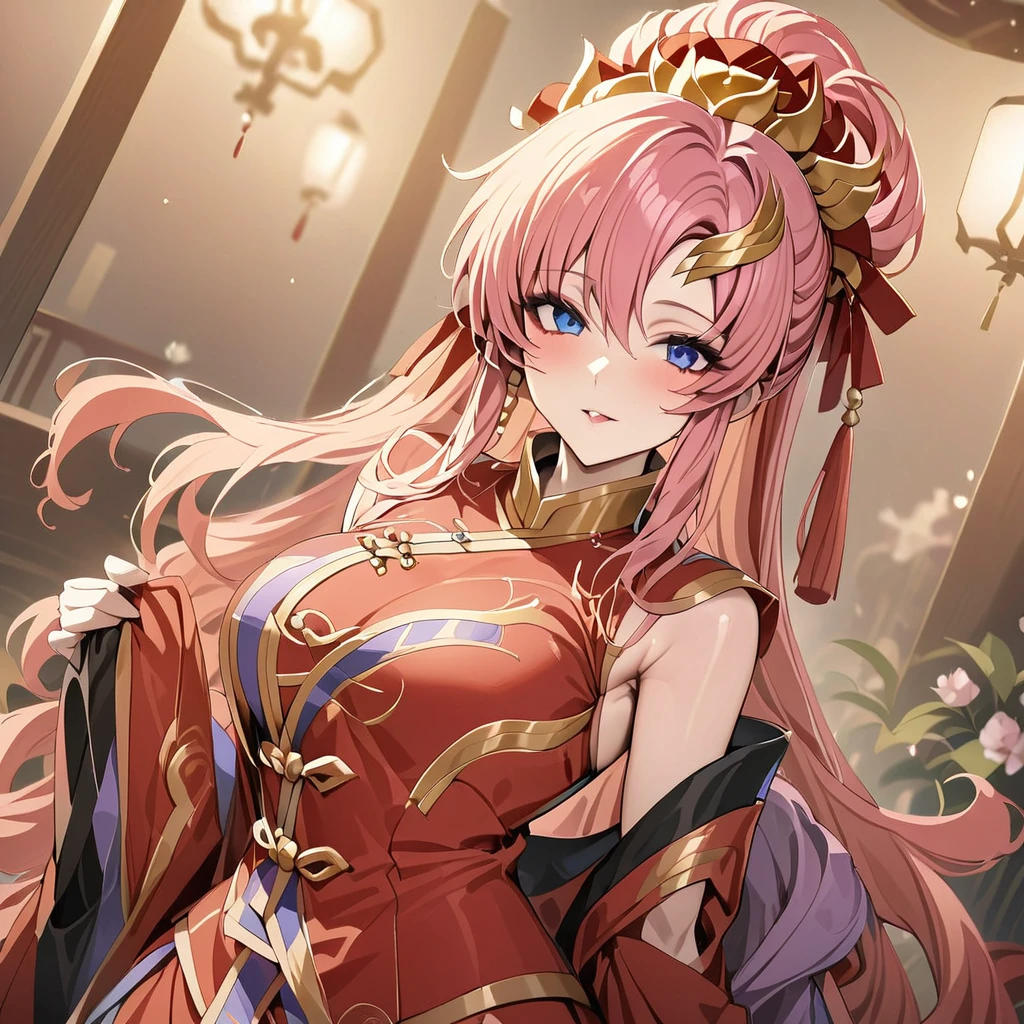 ((Highest quality)), ((masterpiece)), (detailed), （Perfect Face）、The woman with the appearance and hairstyle of an ancient Chinese empress is Lacus Clyne, with blue eyes, semi-long pink hair, wearing a gorgeous red ancient Chinese empress outfit with gold embroidery and trim, a gorgeous empress headdress, and her hair is styled like an ancient Chinese empress.