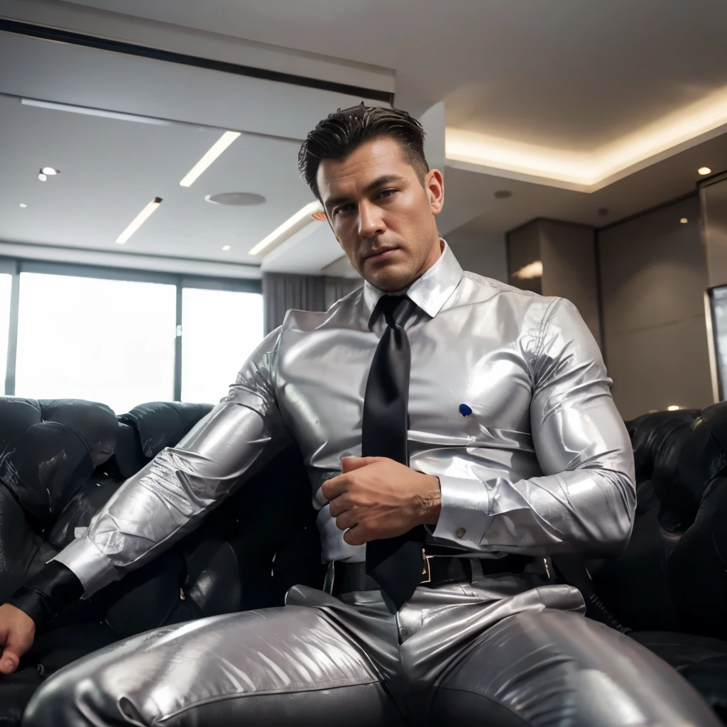 30 years old, The young daddy, very handsome, wear "shiny, tight-fitting body suit", wear white shirt, very glossy shiny silver dark gray pants, necktie, waistcoat, shiny satin trousers, wear leather belts, dark gray satin fabric ,Dad sit on the sofa, k hd,in the office,"big muscle", "Dad is so big" , masculine hairstyle, asia face, masculine, strong man, the boss is, handsome, leather gloves, lecherous dad, look straight ahead,dad is handsome,dad is handsome, dad is "big horny daddy"