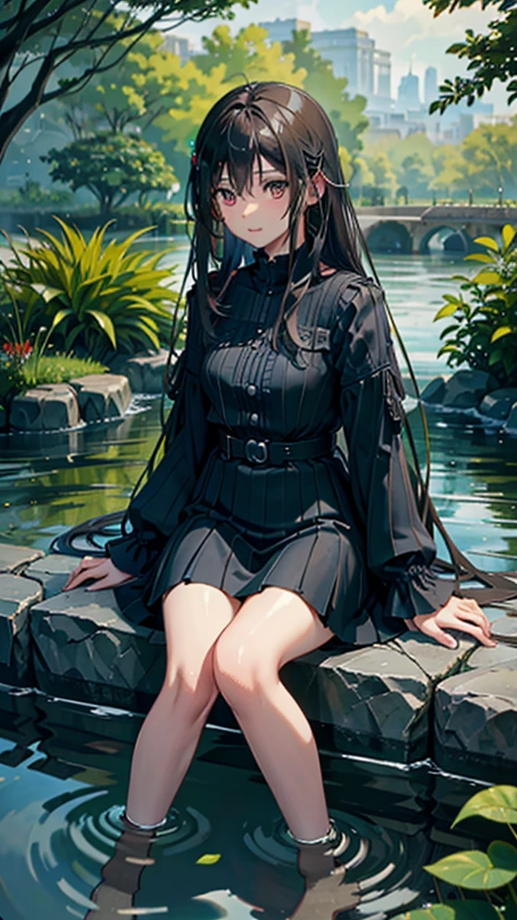 Girl by a Stream:
The girl is sitting by a small stream, dipping her toes in the water, enjoying the rain.
The scene includes a stone bridge, wildflowers along the banks, and forested hills in the background.
Raindrops create ripples in the stream, adding to the serene atmosphere