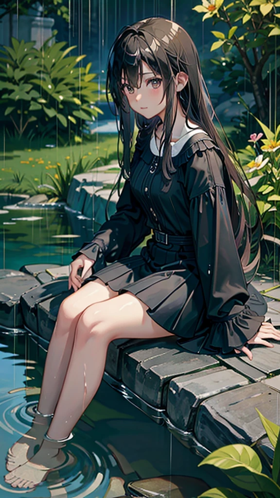 Girl by a Stream:

The girl is sitting by a small stream, dipping her toes in the water, enjoying the rain.
The scene includes a stone bridge, wildflowers along the banks, and forested hills in the background.
Raindrops create ripples in the stream, adding to the serene atmosphere