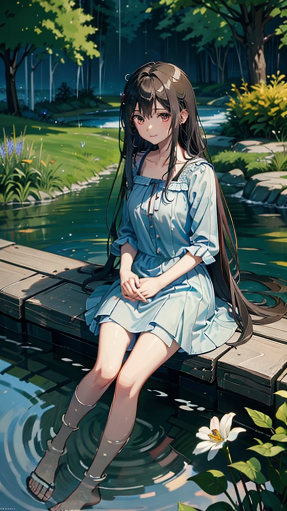 Girl by a Stream:

The girl is sitting by a small stream, dipping her toes in the water, enjoying the rain.
The scene includes a stone bridge, wildflowers along the banks, and forested hills in the background.
Raindrops create ripples in the stream, adding to the serene atmosphere