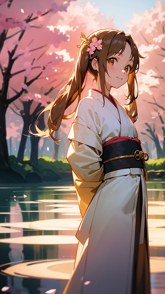 Ghibli style、Asuna, masterpiece, Highest quality, detailed, (One girl), alone, detailed golden eyes, Shoulder-length hair、Are standing, Close to the audience, (detailed kimono), A light smile, Medium chest,  (Put your arms behind your back), water, sunset, (hair ornaments), (Cherry blossoms bloom),  Forest trees in the background々Brown Hair, Twin tails, Character portrait, Hair Flower, Sparkle Effect, Sparkle Effect, 3D Rendering, 