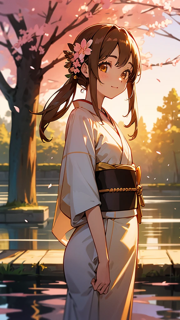 Ghibli style、Asuna, masterpiece, Highest quality, detailed, (One girl), alone, detailed golden eyes, Shoulder-length hair、Are standing, Close to the audience, (detailed kimono), A light smile, Medium chest, (Put your arms behind your back), water, sunset, (hair ornaments), (Cherry blossoms bloom), Forest trees in the background々Brown Hair, Twin tails, Character portrait, Hair Flower, Sparkle Effect, Sparkle Effect, 3D Rendering,