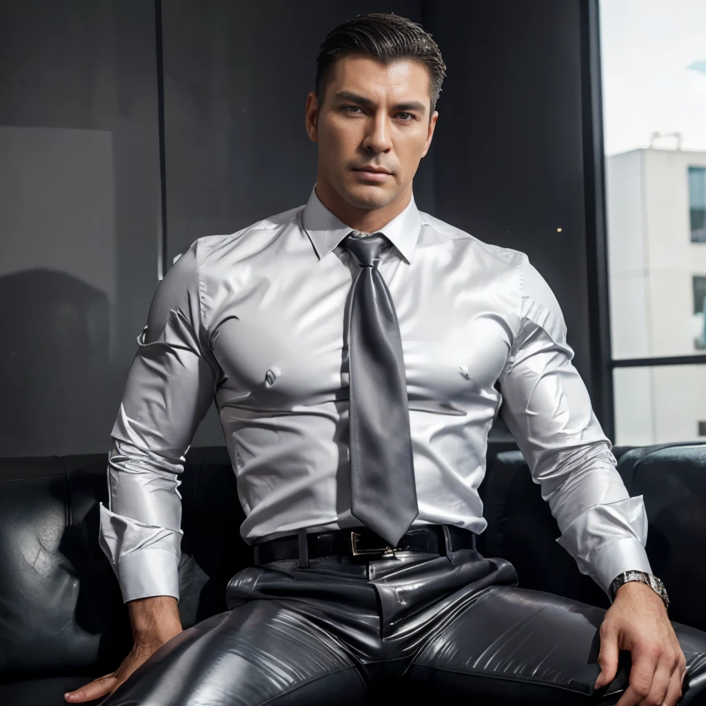 30 years old, The young daddy, very handsome, wear "glossy shiny suit", wear white shirt, very glossy shiny silver dark gray pants, necktie, waistcoat, shiny satin trousers, wear leather belts, dark gray satin fabric ,Dad sit on the sofa, k hd,in the office,"big muscle", "Dad is so big" , masculine hairstyle, asia face, masculine, strong man, the boss is, handsome, leather gloves, lecherous dad, look straight ahead,dad is handsome,dad is handsome, dad is "big horny daddy"