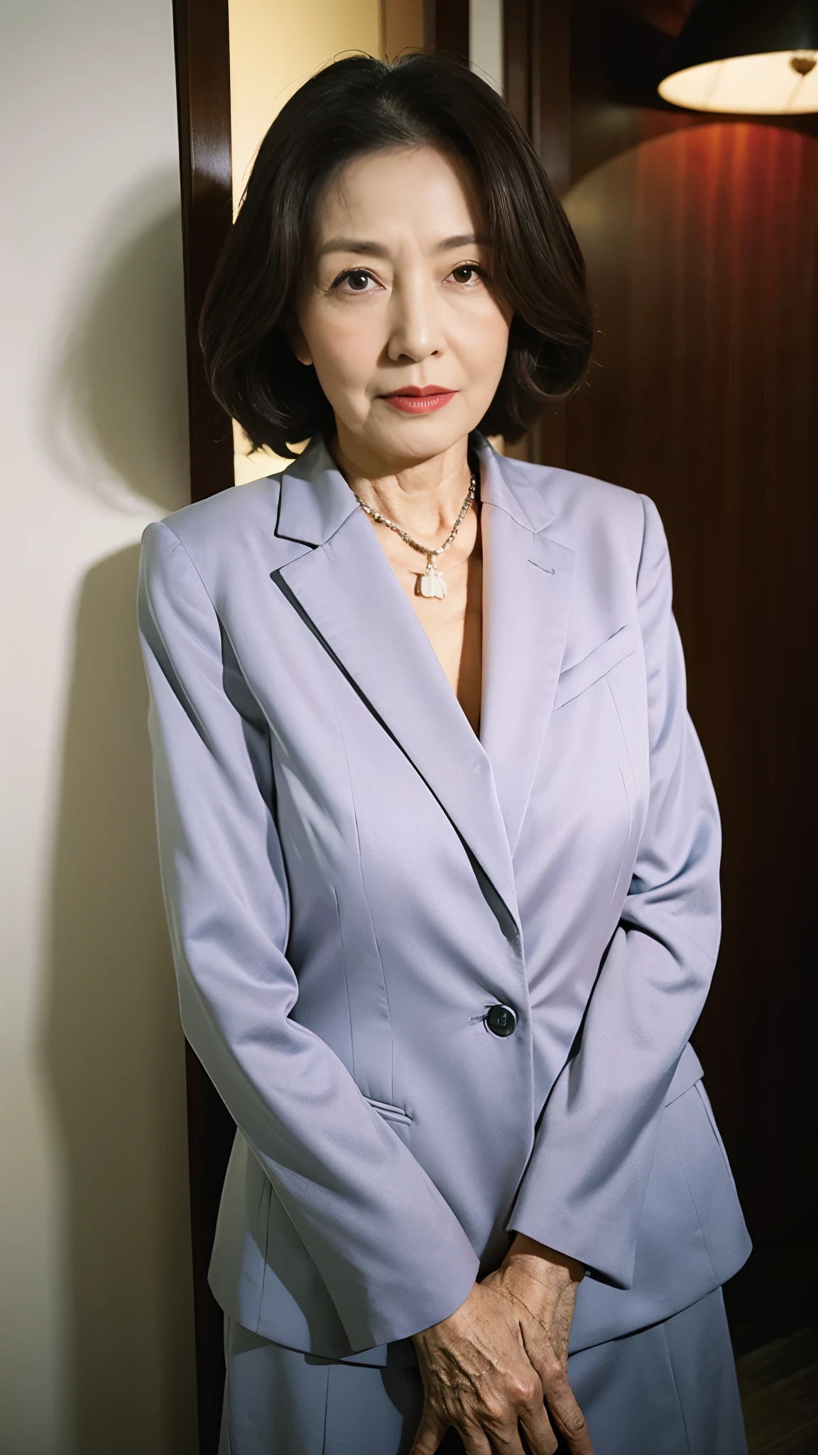 Beautiful mature woman、60-year-old woman、Long face, Photo of your ID、Red lips, Thin lips, business suit、Wearing a dog collar, Light from the front
