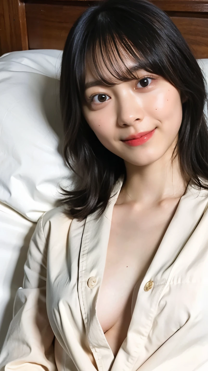 (8k、RAW Photos、Highest quality、masterpiece:1.2)、((Nipples、whole body、pubic hair、smile:1.3))、(Realistic、Realistic)、1 girl、((Nipples、naked、get up、After sexual、morning、 Hotel Bedroom、Lying in bed、Bathrobes、smile))、cute