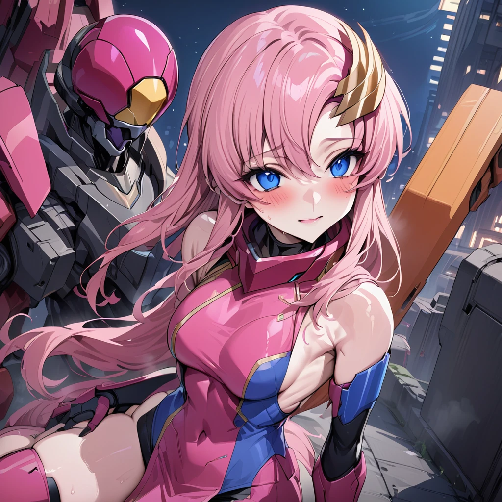 ((Highest quality)), ((masterpiece)), (detailed), （Perfect Face）、The cyborg woman whose entire body is mechanical is Lacus Clyne, a beautiful female warrior with blue eyes, semi-long pink hair, and a cyborg body whose entire body is mechanical except for her head.、In the nighttime city of the near future, there is a female cyborg whose entire body is made of machinery.