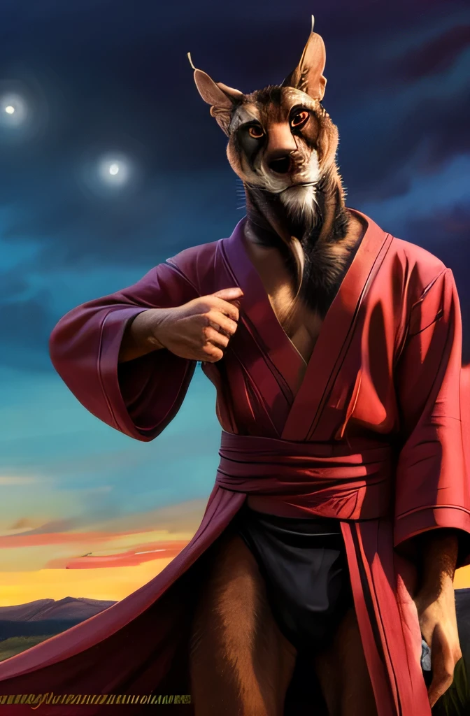 low angle view,
standing, evening, Moonlight, dress, kimono, red kimono, cola de instalment, Red eyes, goatee, brown body, White skin, black fur, sales, safe,
(master sliver:1.2), looking at the viewer, Front view, Alone, top clothing, underwear, package REST,
by bruteandbrawn, by personals, by Kenket, (Intricate, High detail, film photography, soft focus, RAW candid cinema,
photorealism, realist, photorealist, analog style, subsurface dispersion,
masterpiece, Best Quality, ultra realist, 8k)