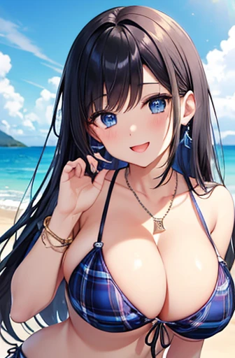 Highest quality、Highest quality、masterpiece、(8k),beauty(Age 25)、Black Hair、Long Hair、blue eyes、Sexy Bikini(Plaid)、Big cleavage、(Big Breasts)、smile、blue necklace、Blue Earrings、background(Beach)、Please open your mouth wide、Plaidのリボンで髪を結ぶ、bracelet、Dynamic pose