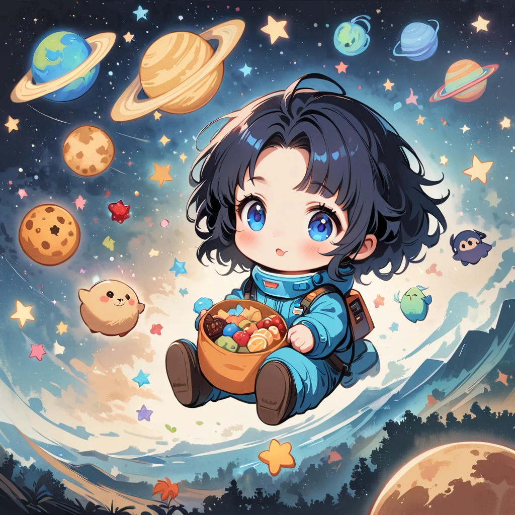 เด็กสาวdark blue hairนั่งอยู่ในชุดอวกาศที่ลอยอยู่ในอวกาศ,dark blue hair, blue eyes, Surrounded by the Milky Way, universe , Cutely. Eat snacks, meet aliens, Babygirl sit in spacesuit floating in space,glabrous, surrounded by the Milky Way, the universe , cutely, Babygir hair is nevy blue, dark blue hair.