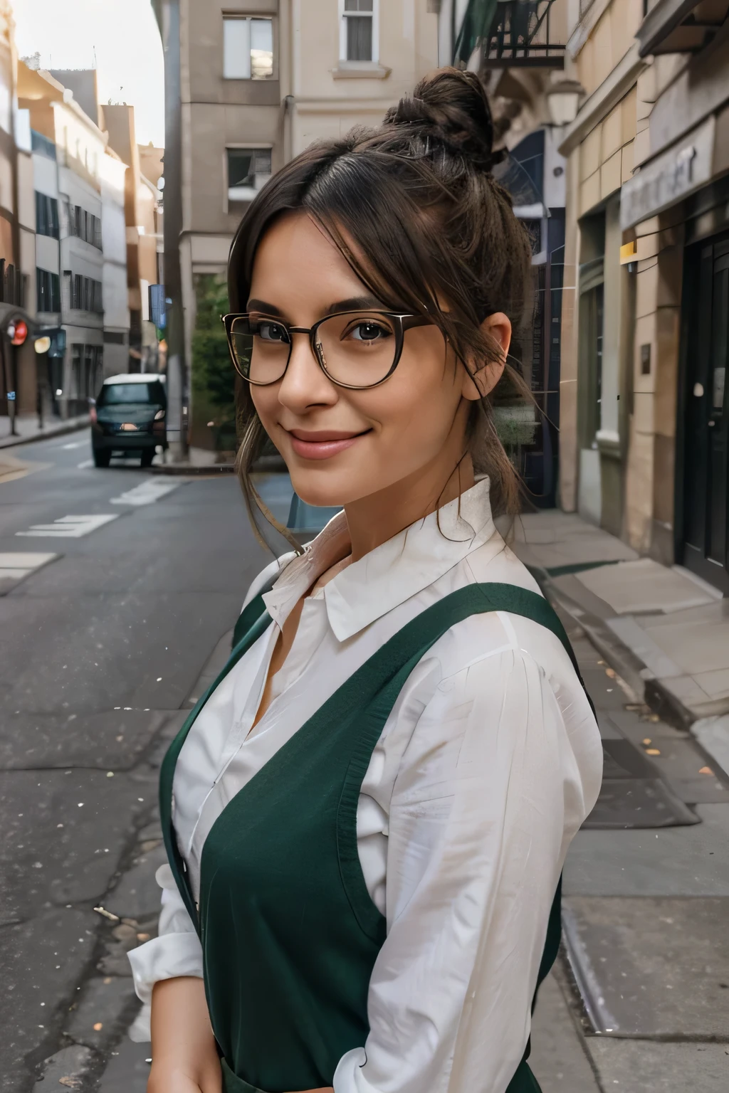 A hyper-realistic-style character, a 35-year-old woman with dark green hair and brown streaks, wearing thin glasses, displaying a serious and charming smile. She is attractive, dressed in elegant attire, with her hair in a high bun. She is smiling and facing the camera directly. The background is a street. Ensure the background and details reflect a welcoming atmosphere. Plan large, hyper-realistic