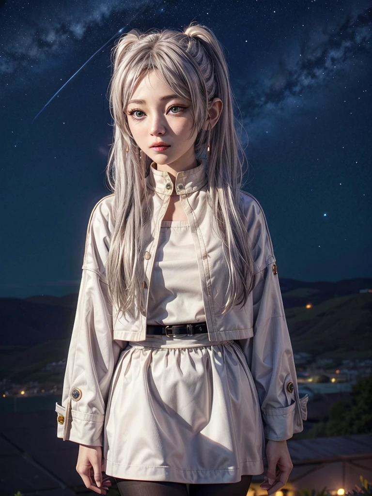 One girl,alone,Fairy,Gray Hair, Grey Hair, Earrings, Pointed Ears, Long Hair, ponytail, Green Eyes, Twin tails, Parted bangs, Thick eyebrows,
Capelet with collar, White capelet, Striped shirt, Long sleeve,Striped, White Skirt,
pantyhose,
Night Sky, performer, Milky Way, milky way,
