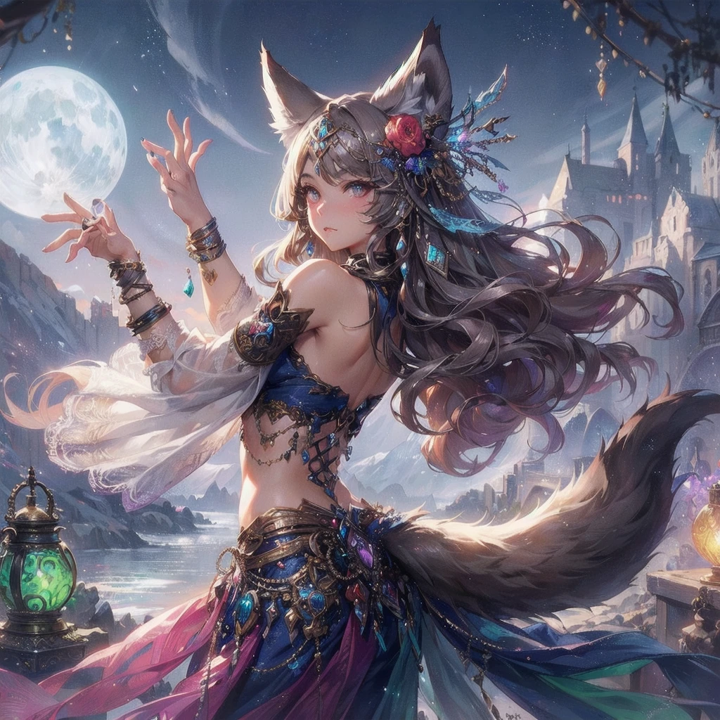 masterpiece, (textured skin), best quality, gorgeous beautiful, (a beautiful girl,wolf ears,wolf tail),detailed clothes,large breasts,narrow waist,, (beautiful face), cinematic lighting, (fantasy anime art ),