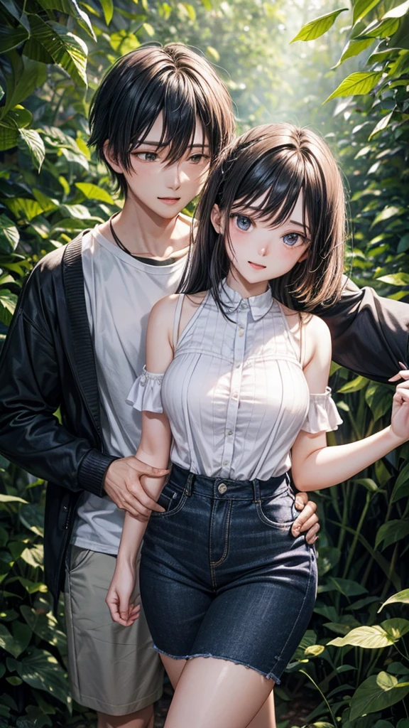 A couple is romancing in the forest. The couple is wearing short clothes. The girl has big hips. It is evening and leaves are falling from the trees.
