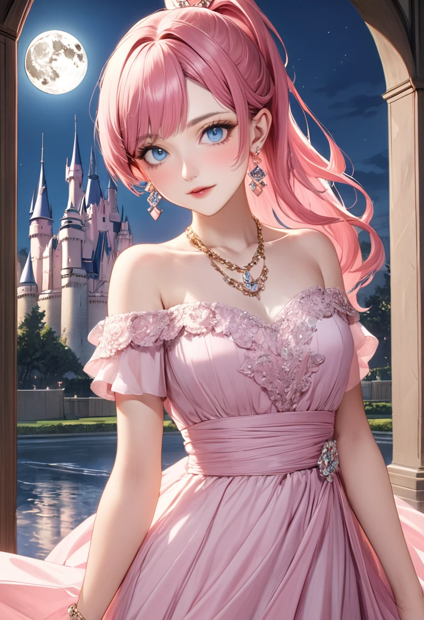 1 female Pink hair ponytail Pink eyebrows Dull light blue eyes Socialite debut Long dress Castle and full moon hair ornaments Earrings and matching necklace