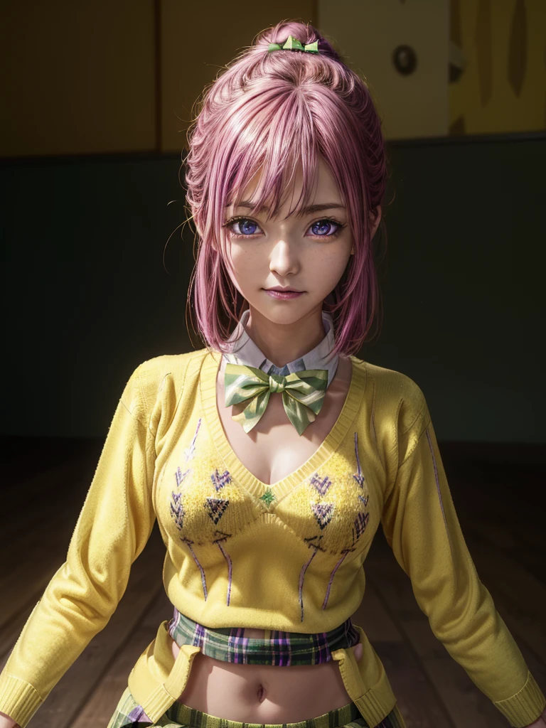 Momodebilke, Deviluke Type, demon tail, Hair Flower, hair ornaments, (Purple eyes:1.1), Pink Hair, short hair, tail, smile,
break demon tail, green skirt, Plaid, Plaid skirt, Sainan High , , skirt, Sweater vest, Knee socks, (Yellow Sweater:1.5), Short sleeve, bow, (green bow:1.5),
break indoors, classroom,
break looking at viewer, (Cowboy Shot:1.5),
break (masterpiece:1.2), Highest quality, High resolution, unity 8k wallpaper, (figure:0.8), (beautiful detailed eyes:1.6), extremely detailed face, Perfect lighting, extremely detailed CG, (Perfect hands, Perfect Anatomy),