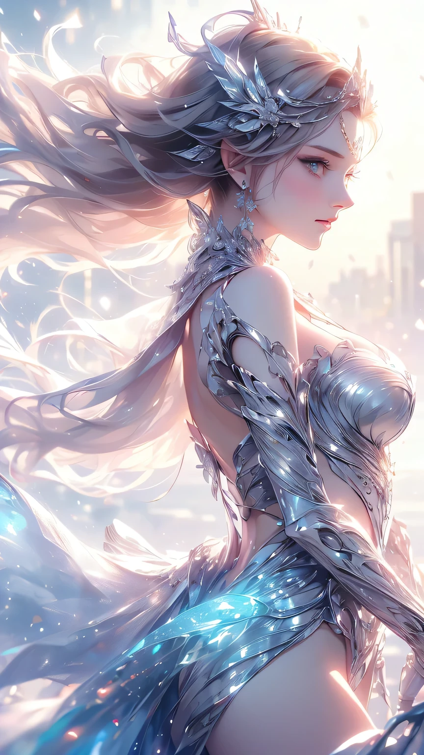 (((Tabletop))), (((Highest quality))), ((Very detailed)), (Very detailed photos), ((Very delicate and beautiful)),(Cute delicate face),here is a digital art of a very futuristic looking female that has armor and armss, One Girl, arms, alone, sf, Holding, Holding arms, roboT,Beautiful face and eyes, double eyelid,Delicate skin,Slim figure