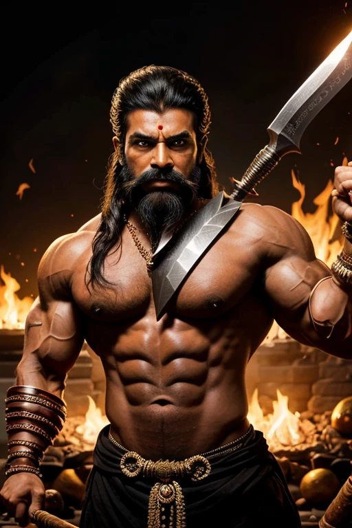 create a image of lord parshuram the 6 avatar of lord vishnu hoding the handle of very sharp axe , with old beard and very strong and bulging muscles giving scary vibes.