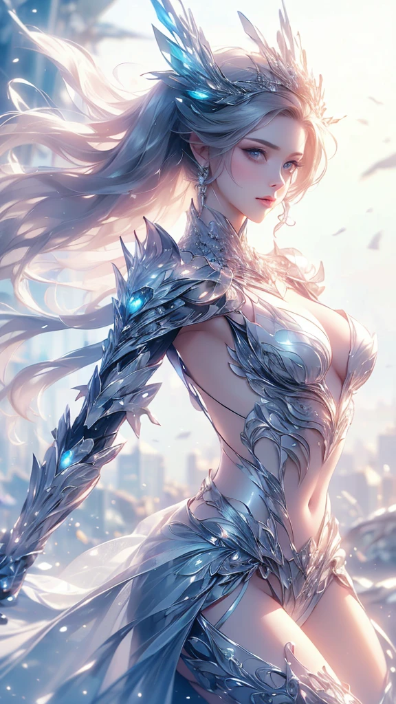 (((Tabletop))), (((Highest quality))), ((Very detailed)), (Very detailed写真), ((Very delicate and beautiful)),(Cute delicate face),here is a digital art of a very futuristic looking female that has armor and armss, One Girl, arms, alone, sf, Holding, Holding arms, robot,Beautiful face and eyes, double eyelid,Delicate skin,Slim figure