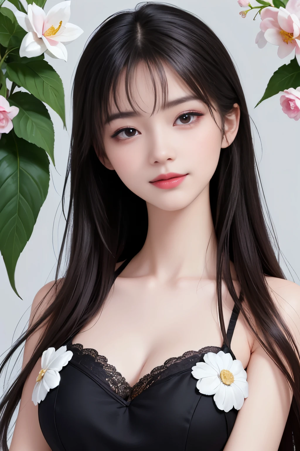 best quality、tmasterpiece、ultra high resolution、actual、1 girl、Glossy skin、((Surreal detailed))、Global photo、8K、Highly complex details、shinning eyes、Black straight hair、highkey、pureerosfaceace_v1、A smile、Elegant pose、plump 、White ultra-thin transparent lace、Lots of flowers in the background