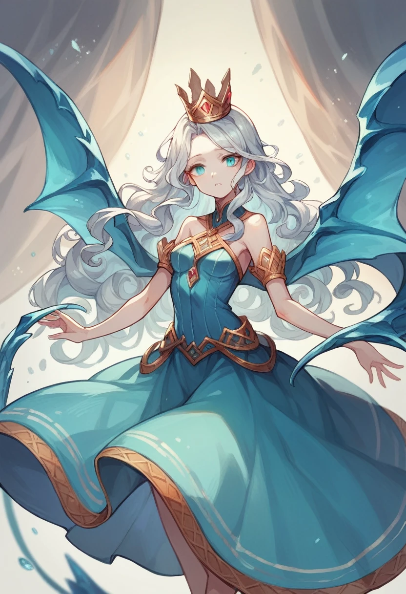 Woman, pale skin, very long curly silver hair, cyan eyes, blue dress, dragon wings, wearing a crown made of ice