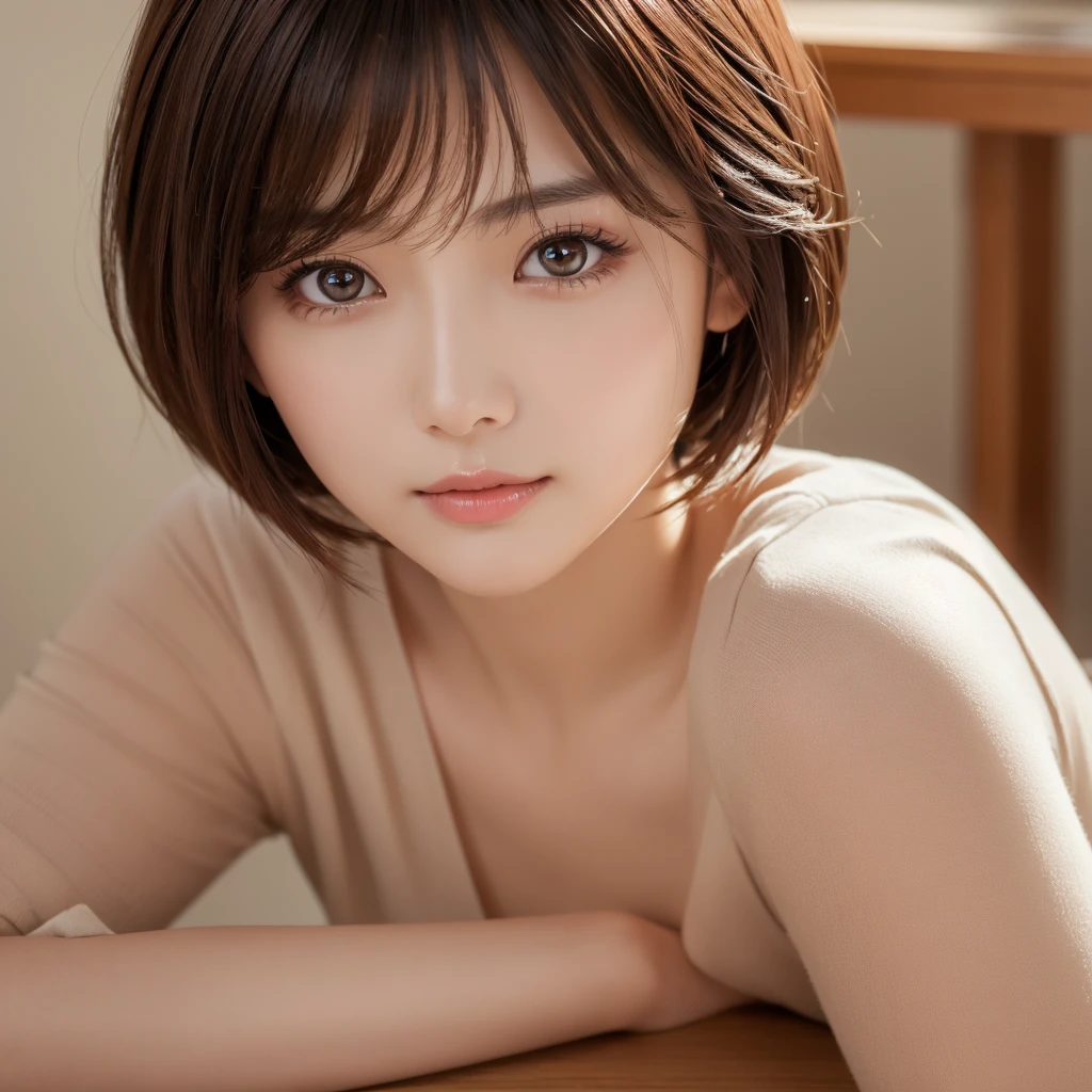 masterpiece、highest quality、High resolution、table top、wallpaper、realistic、bright lighting、professional lighting、face light、smooth lighting、japanese cute girl 、adult 、Beautiful woman、action、super beautiful、beautiful skin、beautiful and detailed eyes、detailed face、slim、moderately、short hair、brunette colored hair、brown eyes、look at the camera
