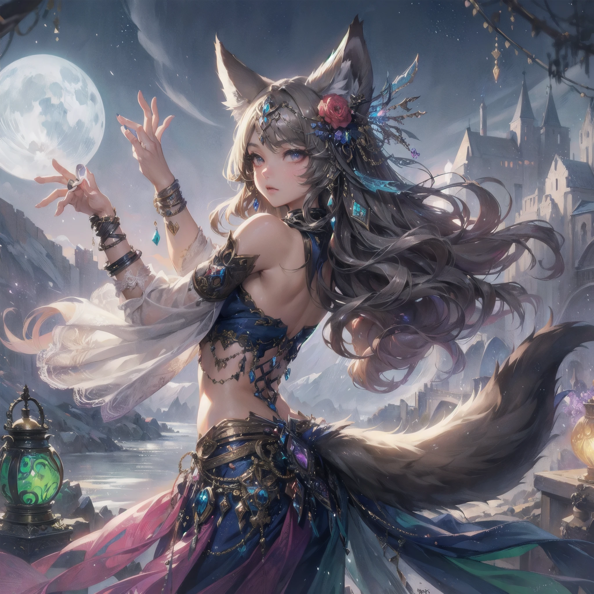 masterpiece, (textured skin), best quality, gorgeous beautiful, (a beautiful girl,wolf ears,wolf tail),detailed clothes,large breasts,narrow waist,, (beautiful face), cinematic lighting, (fantasy anime art ),